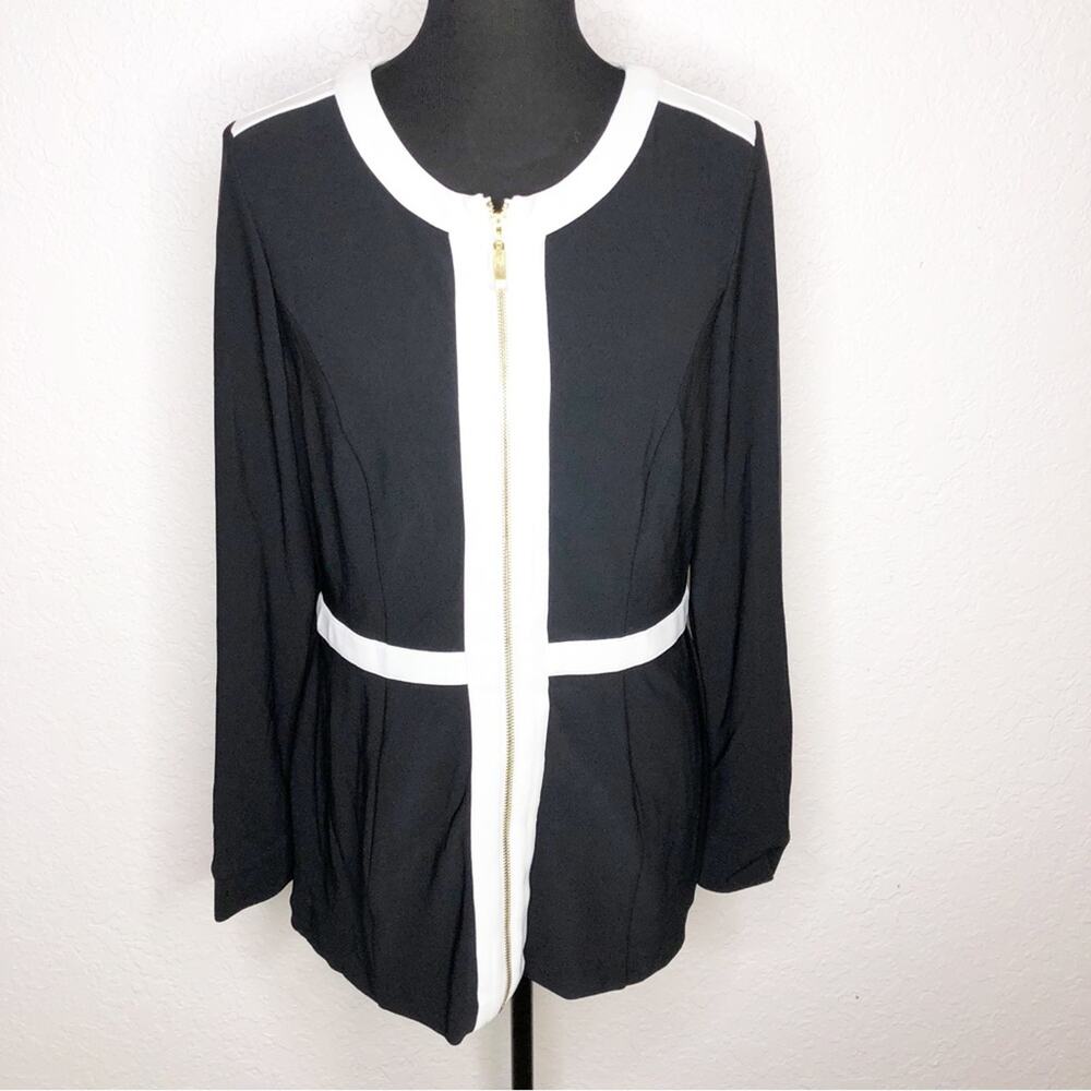Boston Proper black white trim zip front blazer jacket size Medium NWOT
